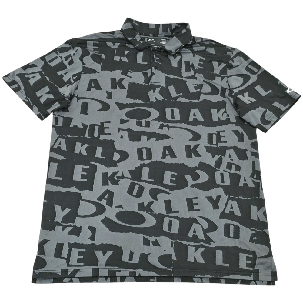 Oakley Hydrolix Polo Shirt Men's XL Black Gray All Over Logo Print Golf